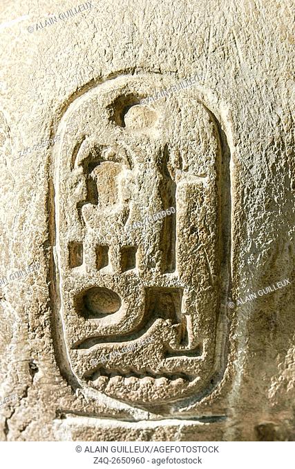 Egypt, Cairo, Heliopolis, open air museum, obelisk parc. Detail of a statue of the king Sethy II presenting an offering table : Cartouche of the king (Sethy...