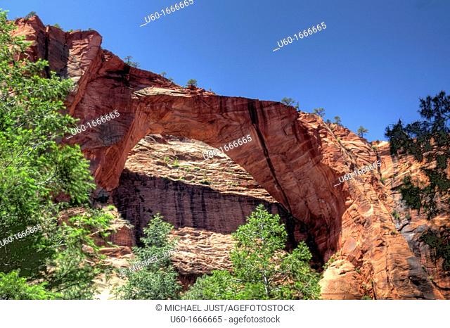 Kolob Arch, possible the largest natural arch in the world, stands in Zion National Park, Utah