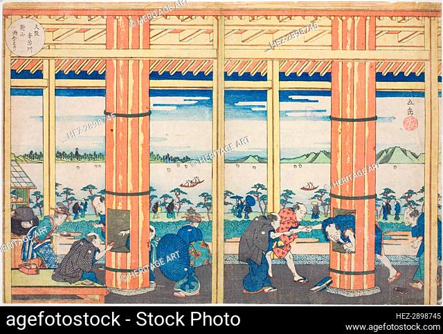 The Rain Shelter at Nii Hill by the Aji River, Osaka (Osaka Ajigawa Niiyama amayadori).., c. 1834. Creator: Gakutei