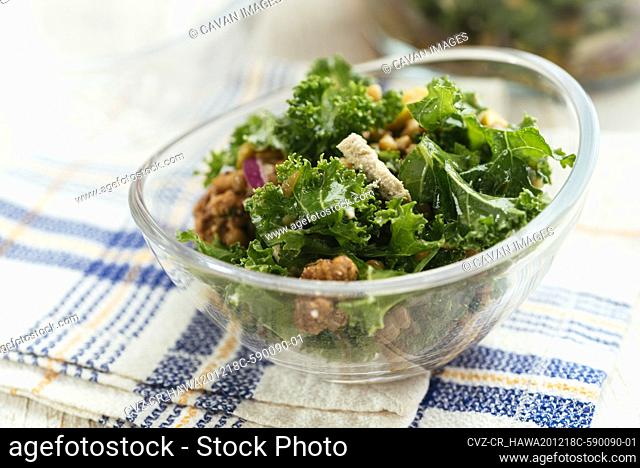 Mediterranean Kale and Lentil Salad with Olives and Vegan Feta