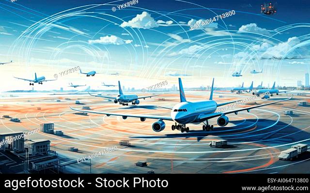 Busy airport with planes taking off and landing, illustrating the dynamics and energy of air travel