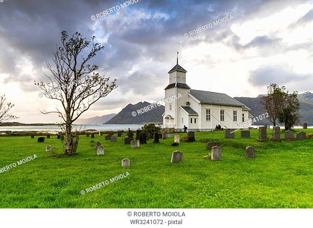 Church and cemetery of Gimsoya, Lofoten Islands, Norway, Europe