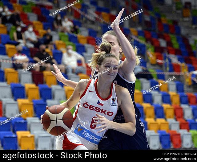 Kristyna Brabencova of Czech Republic, left, and Miroslava Prazenicova of Slovakia in action during the women’s basketball friendly game Czech Republic vs...