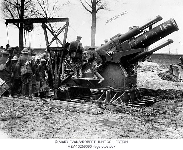Loading a 15 inch Howitzer called Granny near Arras on the Western Front in France during World War I in April 1917