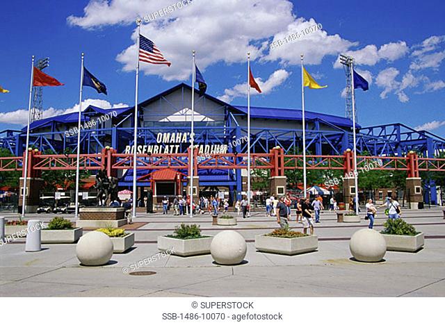 Flags in front of a stadium, Johnny Rosenblatt Stadium, Omaha, Nebraska, USA