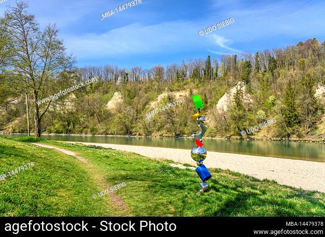 Germany, Bavaria, Rosenheim county, Wasserburg am Inn, sculpture path, colorful fruit skewer