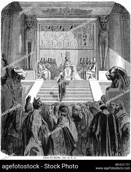 Joseph in front of Pharaoh, room, hall, throne, many people, steps, going up, lion sculpture, robes, received, Bible, Old Testament, First Book of Moses