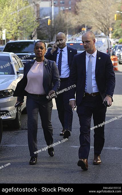 Jamaica, Queens, New York, USA, April 13, 2023 - Police Commissioner Keechant L. Sewell visiting the scene of a shooting involving a NYPD Officer in Queens