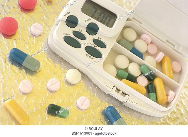 MISCELLANEOUS DRUGS<BR>Pill meter: Pill box timer-clock gives an audible reminder at the correct time to take medication