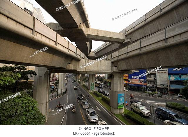 View over Siam Square Road and Skytrain, Pathum Wan district, Bangkok, Thailand