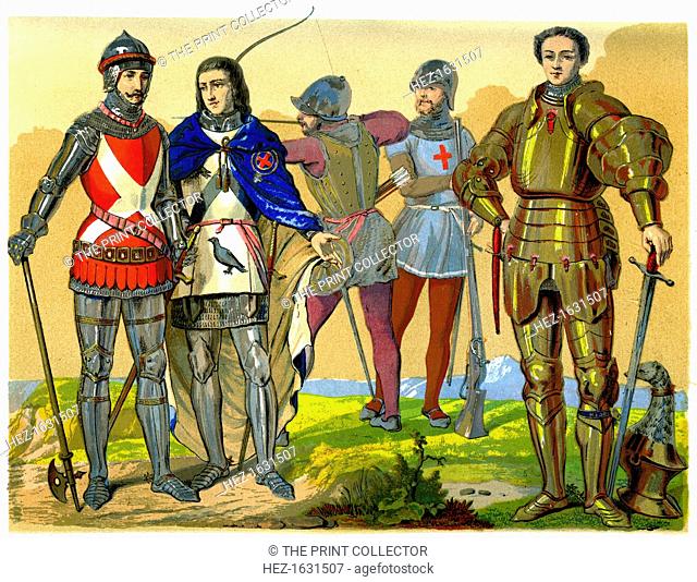 English battle dress, 15th-16th century (1849). Featuring English noblemen, 1426; a banneret of the king, 1550; an archer of Edward IV, an English arquebusier