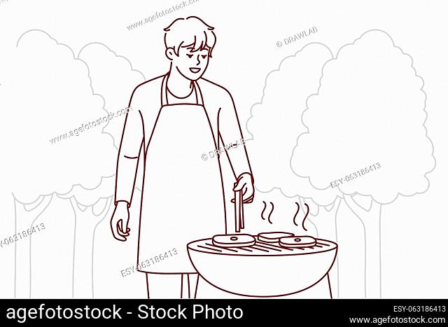 Smiling man in apron making meat on grill in park. Happy guy have fun cooking barbecue outdoors. Weekend and relaxation. Vector illustration