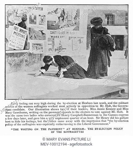 Writing on the pavement during the Hexham by-election; Miss Annie Kenny and Miss Mary Gawthorne