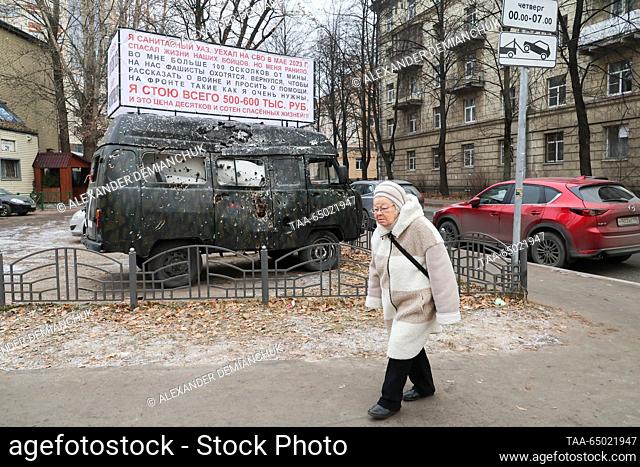 RUSSIA, ST PETERSBURG - NOVEMBER 20, 2023: A bullet riddled ""Bukhanka"" ambulance from the zone of Russia's special military operation is on display in...