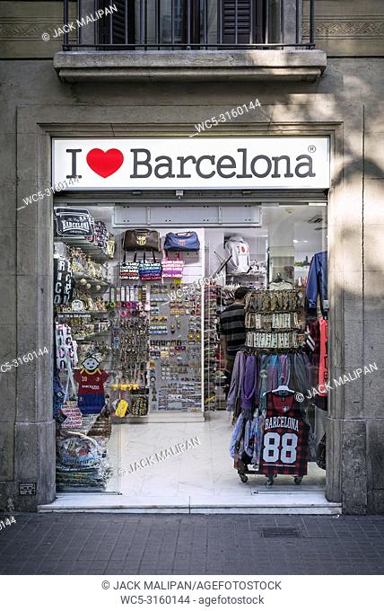 the i love barcelona tourist souvenir shop exterior in ramblas downtown area of central barcelona spain
