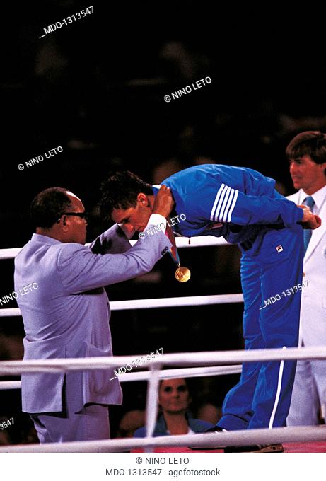 Maurizio Stecca awarded. The Italian boxer Maurizio Stecca receiving the gold medal won in the bantamweight division at Los Angeles Olympics