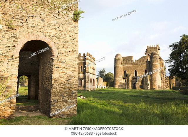 Fasil Ghebbi, fortress like royal enclosure, Gonder, Ethiopia  The palace of Fasiladas on the right, in the middle the library of Johannes I