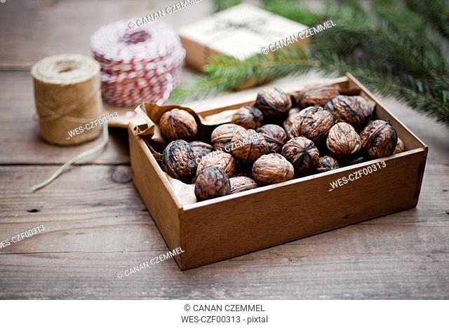 Wooden box of organic walnuts