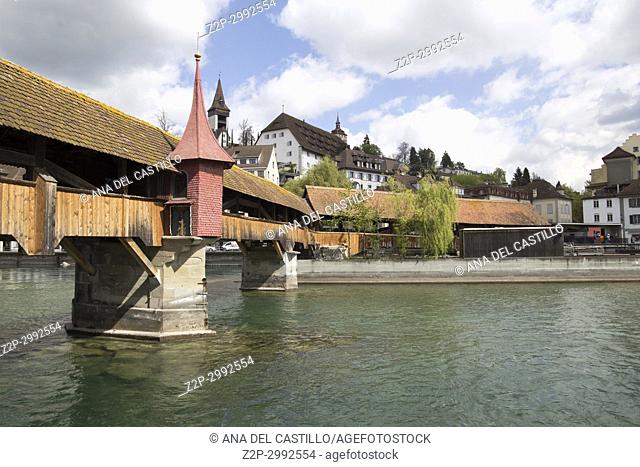 Old Tower and Bridge at Lucerne Switzerland on April 18, 2017
