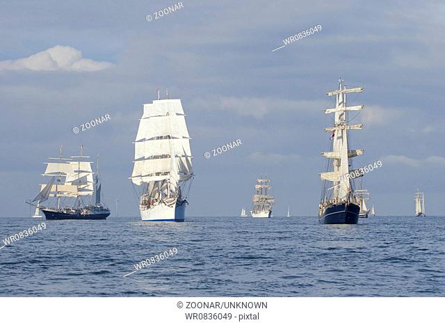 Several tall ships in a row before start a regatta
