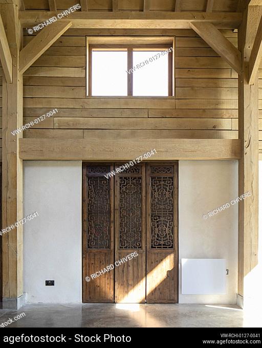 Interior view of new barn. Hampshire Water Mill, Winchester, United Kingdom. Architect: Kaner Olette Architects, 2021