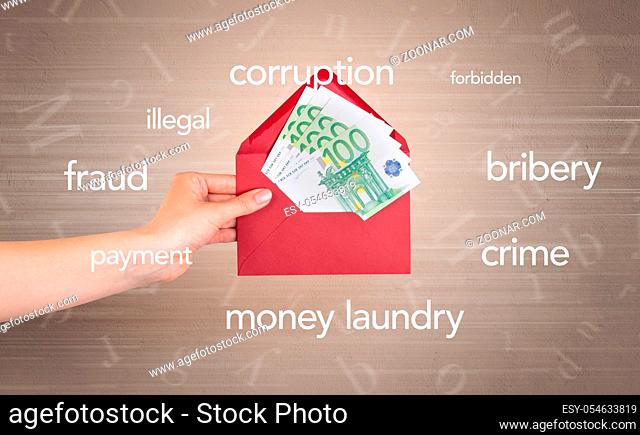 Female hand holding coloured and white envelope with beige background and words around