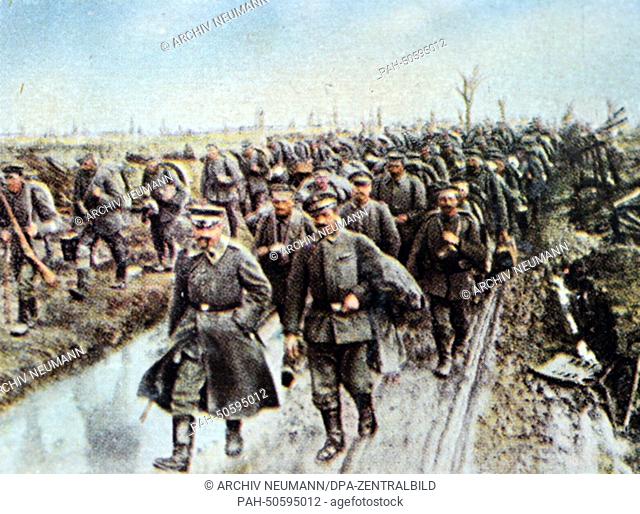 The contemporary colorized German propaganda photo shows German non-combatant soldiers on the way to the Siegfried Front (from Arras through St