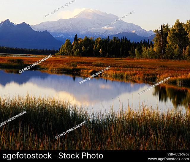 South side of Denali or Mount McKinley reflected in Moosemeyer Lake, Denali State Park, Alaska
