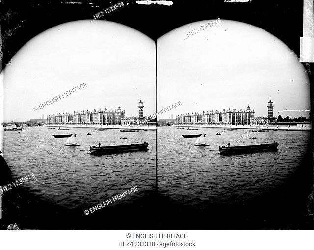 St Thomas' Hospital, Lambeth Palace Road, Lambeth, London, 1871-1900. Stereo view of St Thomas' Hospital in Lambeth showing the river front from the south-west
