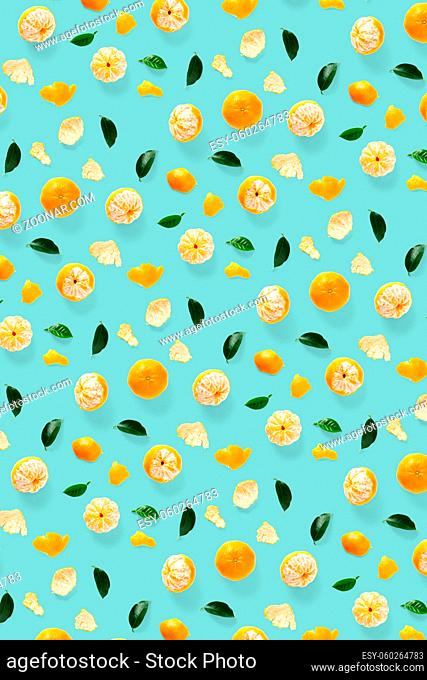 Isolated tangerine citrus collection background with leaves. Whole tangerines or mandarin orange fruits isolated on blue background
