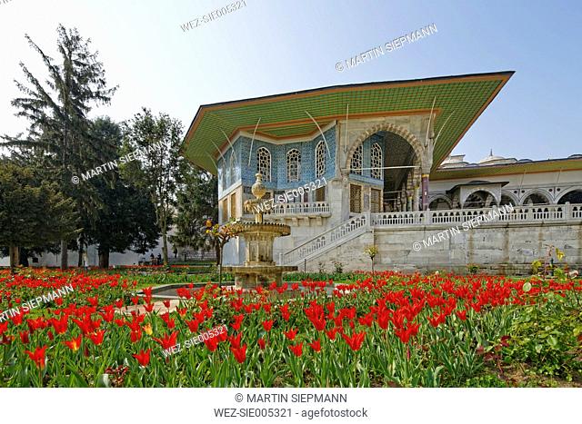 Turkey, Istanbul, Topkapi Palace, Tulips at Baghdad Kiosk