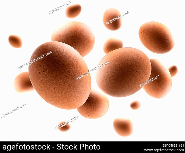 Brown chicken eggs levitate on a white background