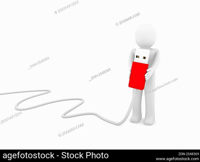 3d human man usb stick red plug cable