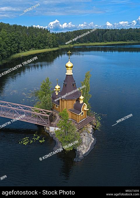Russia, Leningrad Oblast, Aerial view of Church of Saint Andrew at Vuoksa in summer