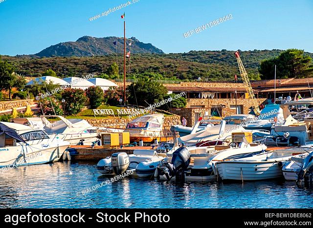 Marinella, Sardinia / Italy - 2019/07/16: Panoramic view of Golfo di Marinella port and marina quarter - Porto Marana - at the Costa Smeralda Emerald Coast of...
