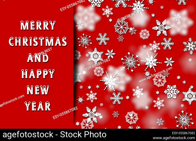 Christmas greeting card with snow stars in red design - MERRY CHRISTMAS and HAPPY NEW YEAR lettering - 3D illustration