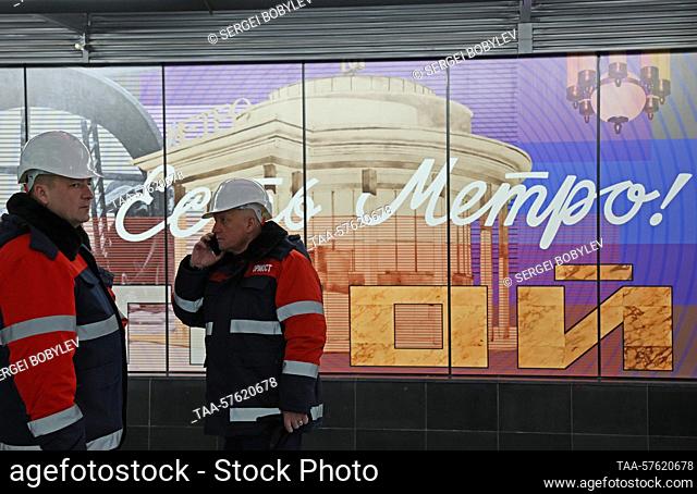 RUSSIA, MOSCOW - MARCH 1, 2023: Workers are seen on the newly-opened Sokolniki Station on Line 11 (Big Circle Line) of the Moscow Underground