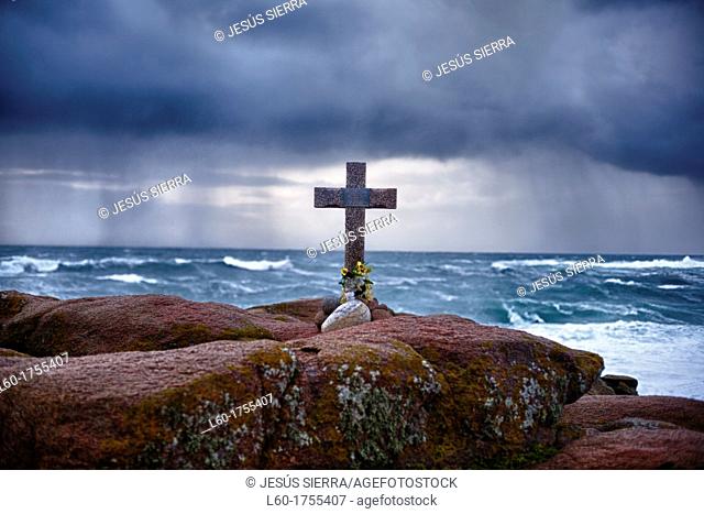 Death 'percebeiros' barnacles fishermen memorial crosses on Cabo Villano, Costa da Morte  La Coruña province, Galicia, Spain