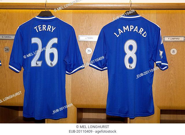 Chelsea Stamford Bridge Ground Terry and Lampard shirts beside lockers in home team changing room