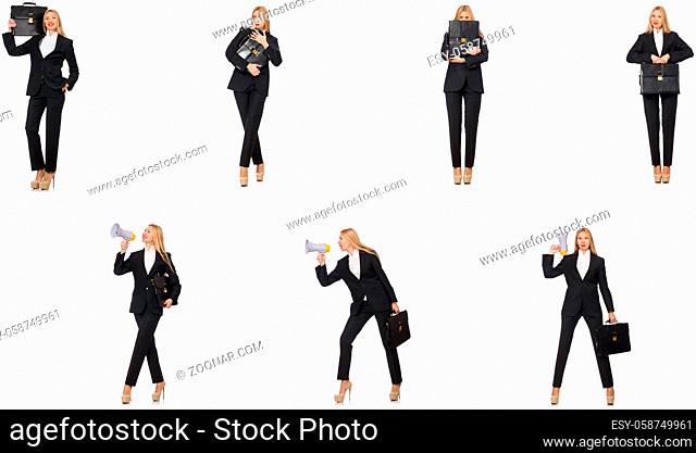 Businesswoman with megaphone and briefcase