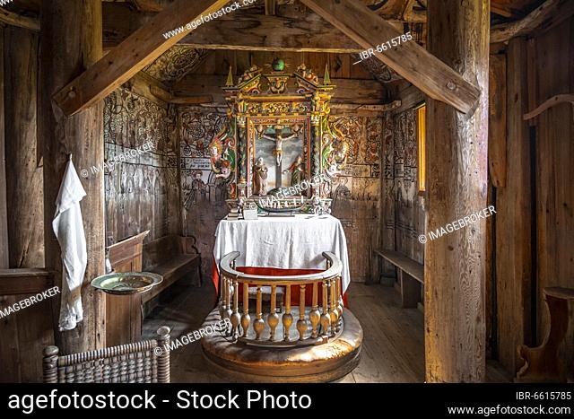 Interior and altar of the Urnes Stave Church, Romanesque church from ca. 1130, Celtic art with Viking traditions and Romanesque building forms, Vestland, Norway