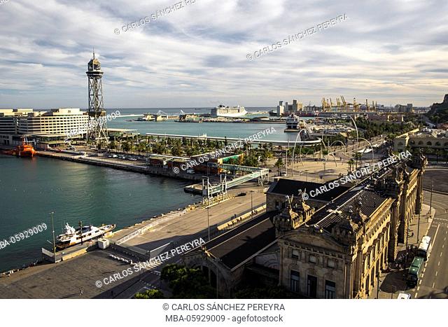Aerial view of the port Vell in Barcelona, Spain