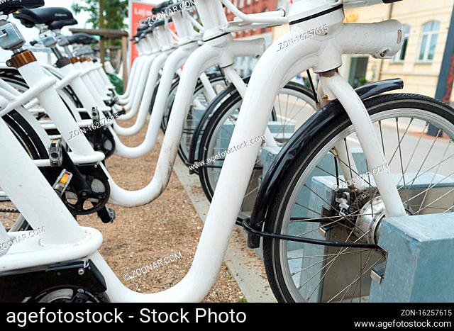 COPENHAGEN, DENMARK - JULY 31, 2016: Row of white rental Go-bikes, which can be hired per hour