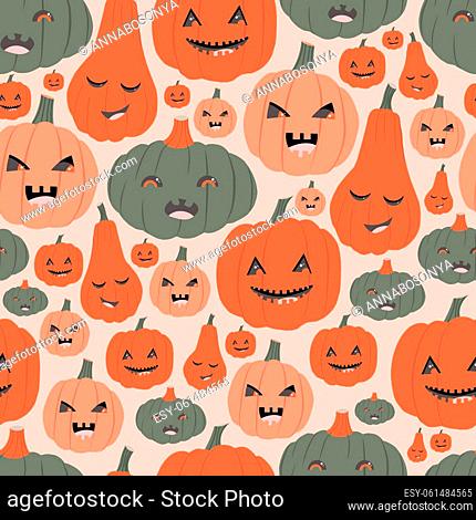 Pumpkin emotions, seamless pattern on a pink background, aphids, wallpaper trellises, halloween pumpkins, scary faces