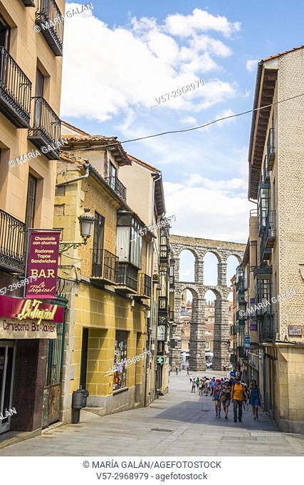 Real street and Roman aqueduct. Segovia, Spain