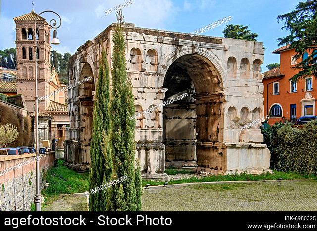 Arch of Janus, Church of San Giorgio al Velabro on the left, Forum Boarium, Rome, Lazio, Italy, Europe