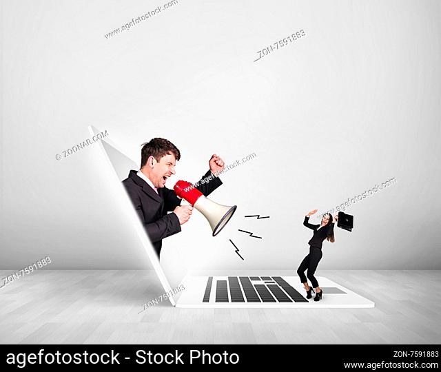 Businessman with megaphone get out of laptop and shouts on colleagues