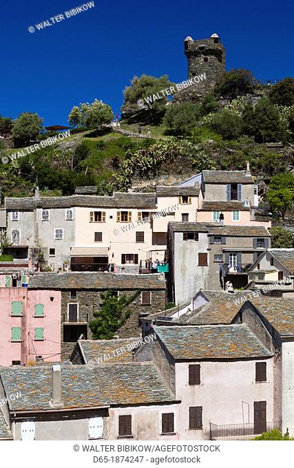 France, Corsica, Haute-Corse Department, Le Cap Corse, Nonza, elevated town view with the Tour de Nonza tower
