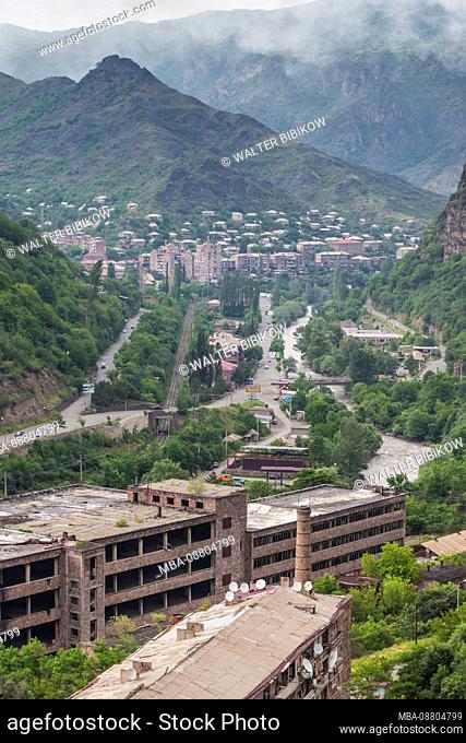 Armenia, Debed Canyon, Alaverdi, high angle view of town by the Debed River