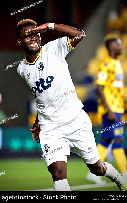 Union's Simon Adingra celebrates after scoring during a soccer match between Sint-Truidense VV and Royale Union Saint-Gilloise